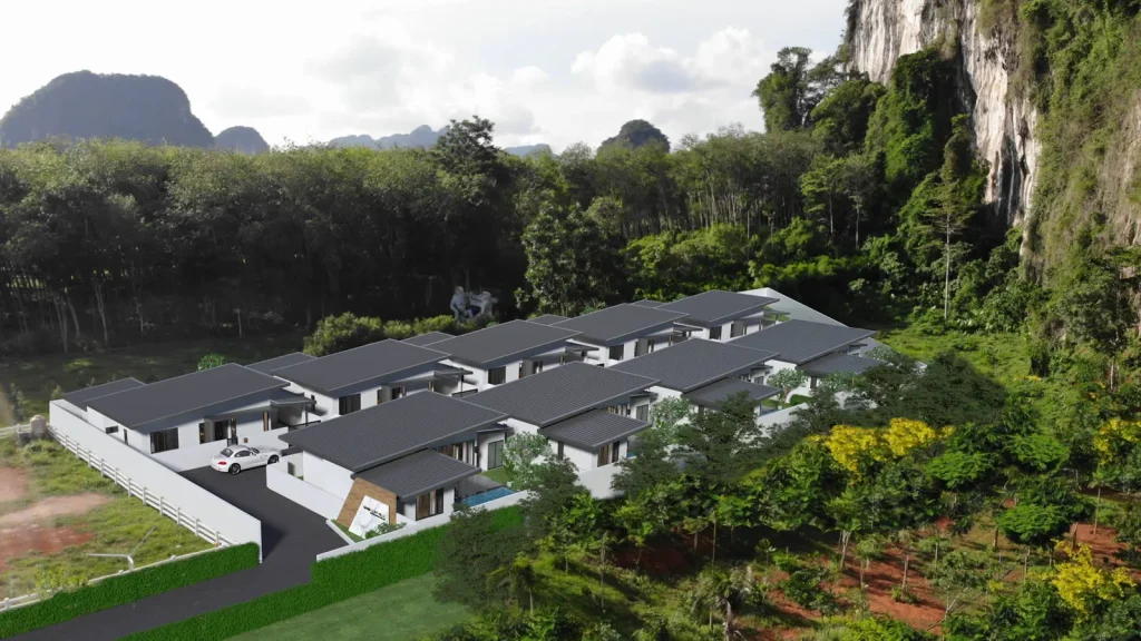 An architectural rendering of a house development nestled among majestic mountains, showcasing natural beauty and serene surroundings.