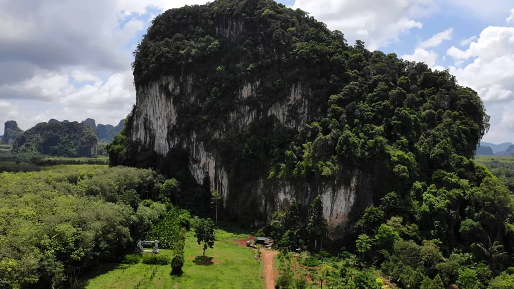 A substantial limestone karst rock formation is situated in the heart of a green field, offering a natural focal point in the landscape of Krabi.